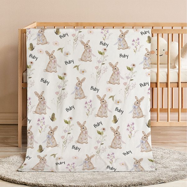 Personalized Wildflower Rabbit Soft Throw Blanket with Name Home Decor Anniversary Birthday Gift for Family Baby
