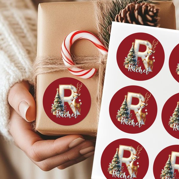 Personalized Christmas Tree Elk Initial Waterproof Stickers Labels with Name Gift Decor Christmas Party Favors for Kids Family