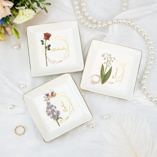 Personlig Golden Edge Birth Flower keramisk smykkeskål med navn Bursdag Bryllup Forlovelsesgave til kvinner