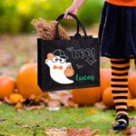 Personifierad söt Boo tecknad pojke flicka spöke stor bärbar svart tygkasse med namn Halloween festgåva för barn