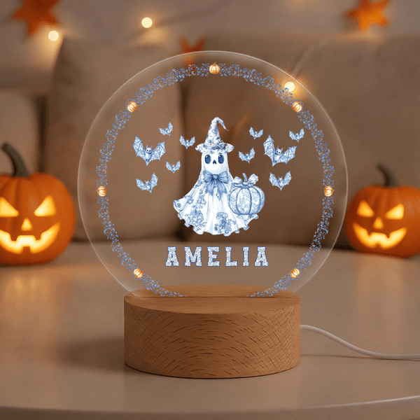 Personalized Toile De Jouy Spooky Ghost Pumpkin LED Night Light with Name and Wooden Base Home Decor Halloween Gift for Kids Family