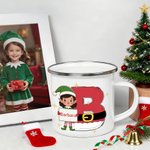 Personalized Cartoon Christmas Elf Initial 12 oz Colored Rim Enamel Mug with Name Christmas Gift for Kids
