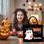 Personifierad söt Boo tecknad pojke flicka spöke stor bärbar svart tygkasse med namn Halloween festgåva för barn