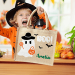 Personlig Boo Tecknad pojke flicka spöke Stor bärbar jute Tote Bag med namn Halloween Festival Present till barn