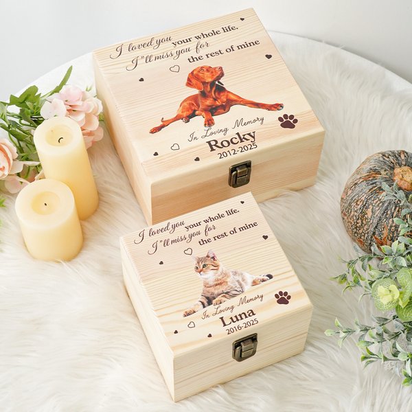 Personalized Paw Print Pet Photo Wooden Memory Box with Name and Year Condolence Sympathy Pet Loss Gift for Pet Lovers Owners
