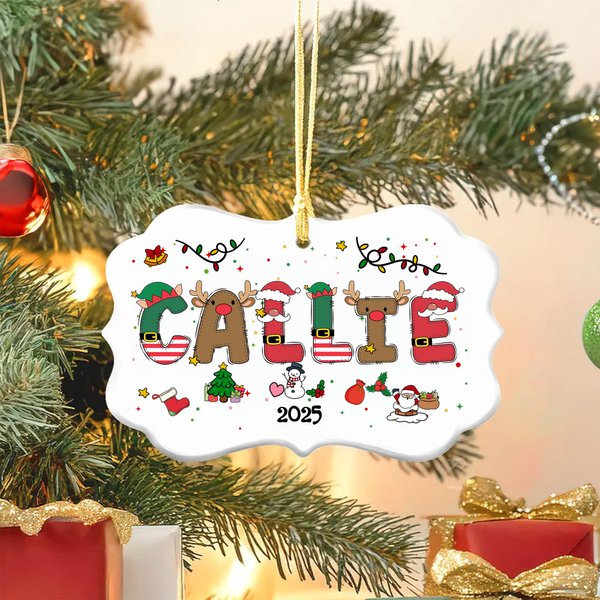 Personalized Santa Claus Reindeer Alphabet Irregular Ceramic Ornament with Name and Lanyard Tree Decor Christmas Gift for Family
