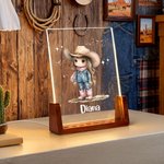 Personalised Cartoon Cowgirl Acrylic LED Night Light with Wooden Base and Name Room Decor Birthday Christmas Gift for Kids Cowgirl Lovers