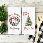 Personalized Bow Garland Christmas Tree Mahjong Waffle Tea Towel with Text Holiday Christmas Gift for Family Friend