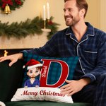 Personalized Merry Christmas Cute Cartoon Character Plaid Throw Pillow Cover with Name Home Decor Christmas Gift for Family Friends