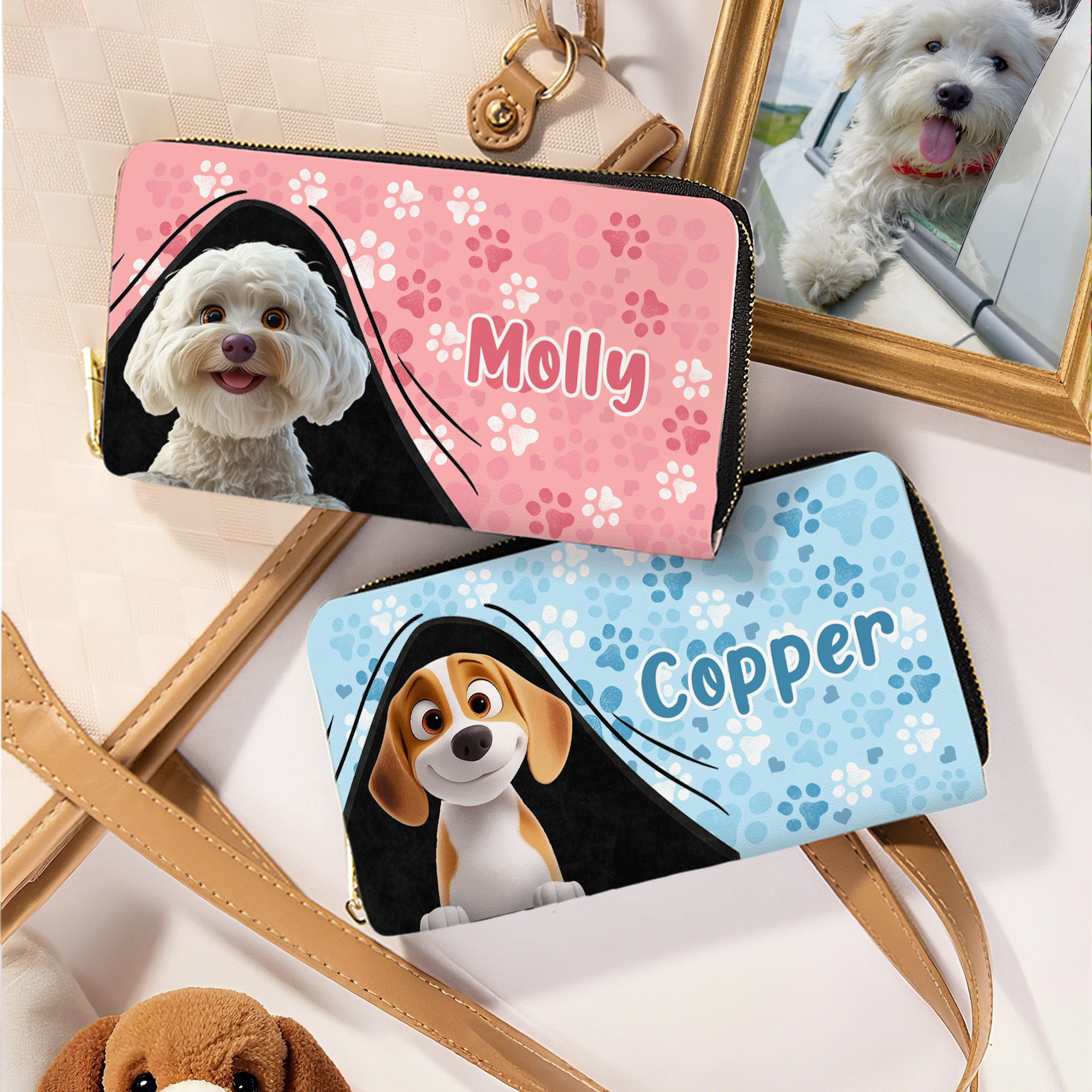 Portefeuille en cuir PU à compartiments multiples avec fermeture à glissière en métal Cadeau d'anniversaire pour les amoureux des chiens