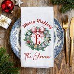 Personalized Bow Garland Christmas Tree Mahjong Waffle Tea Towel with Text Holiday Christmas Gift for Family Friend