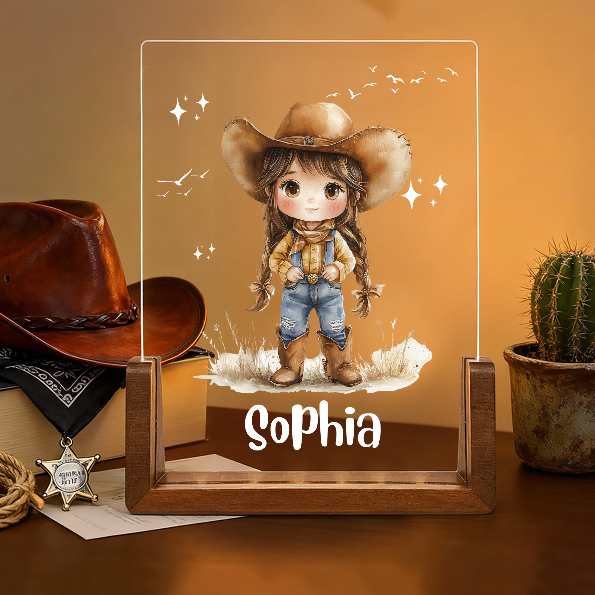 Veilleuse LED en acrylique avec base en bois et nom Décoration de chambre Anniversaire Cadeau de Noël pour les enfants Cowgirl Lovers