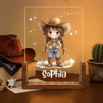 Personalised Cartoon Cowgirl Acrylic LED Night Light with Wooden Base and Name Room Decor Birthday Christmas Gift for Kids Cowgirl Lovers