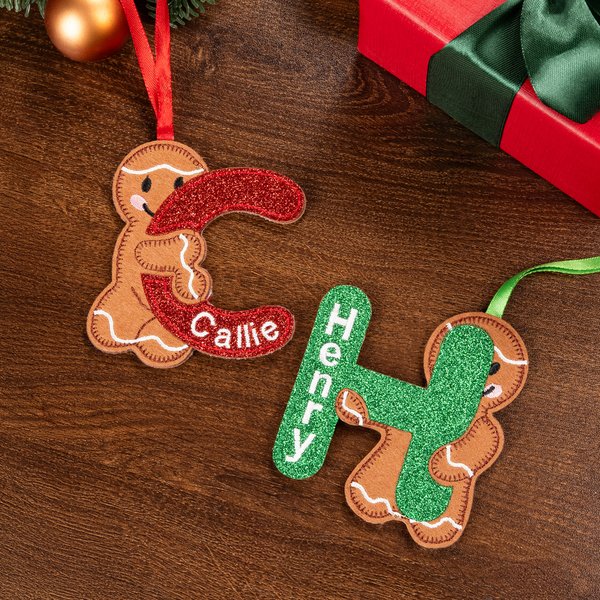 Personalized Gingerbread Man Glitter Initial Ornament with Embroidered Name Christmas Tree Decoration Christmas Gift for Family Friends