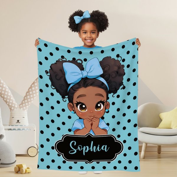 Personalized Polka Dots Cute Cartoon Little Girl Soft Throw Blanket with Name Home Decor Birthday Gift for African American Girl