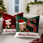Personalized Merry Christmas Cute Cartoon Character Plaid Throw Pillow Cover with Name Home Decor Christmas Gift for Family Friends