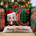 Personalized Merry Christmas Cute Cartoon Character Plaid Throw Pillow Cover with Name Home Decor Christmas Gift for Family Friends