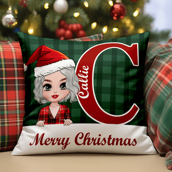 Personalizado Feliz Navidad lindo personaje de dibujos animados Plaid Throw Funda de almohada con el nombre de decoración del hogar Regalo de Navidad para la familia amigos