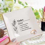 Personalized Birth Flower Ceramic Trinket Jewelry Dish with Name Definition Beautiful Home Decor Birthday Wedding Bridesmaid Gift for Women