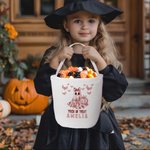 Personlig Spooky Ghost Pumpkin Toile De Jouy Canvas Halloween-korg med namn Halloween-festgåva för barnfamilj