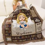 Personnalisé Cartoon Reading Character Retro Tassel Soft Throw Blanket with Name Home Decor Birthday Christmas Gift for Book Lovers Bookworms