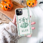 Gepersonaliseerd Toile De Jouy Spookachtig Spook Pompoen Naam Dubbellaags Telefoonhoesje voor iPhone Halloween Cadeau voor Meisje Jongen