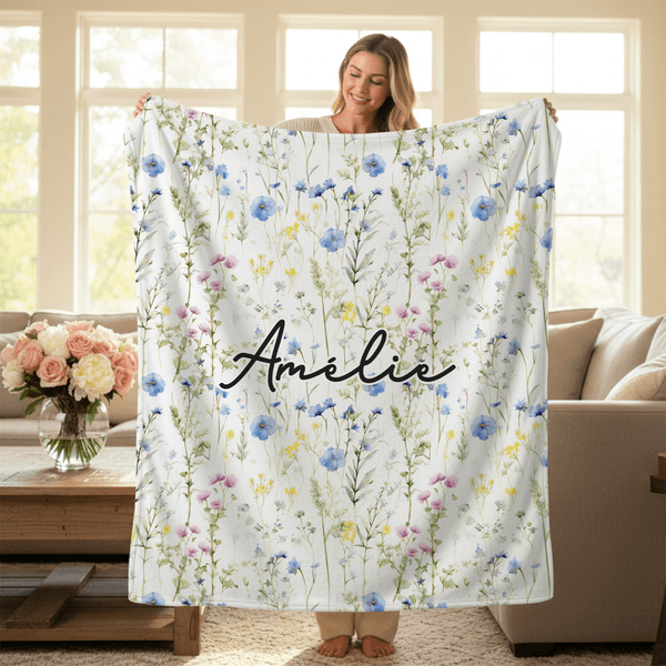 Personalised Watercolor Wildflower Soft Throw Blanket with Name Home Decor Birthday Christmas Gift for Women