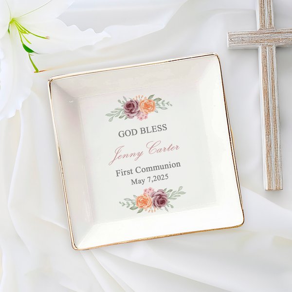 Personalised God Bless First Communion Ceramic Jewellery Dish with Name Date Birthday Religious Baptism Gift for Her