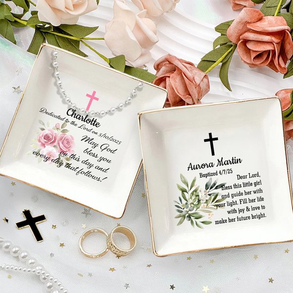 Croix Personnalisée Carré Céramique Bijoux avec Nom et Texte Décoration Communion Party Christening Baptism Gift for Girls Women