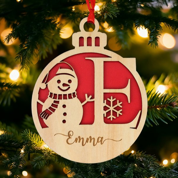 Personalized Christmas Snowman Snowflake Wooden Ornament with Initial Name and Lanyard Home Decor Christmas Gift for Family