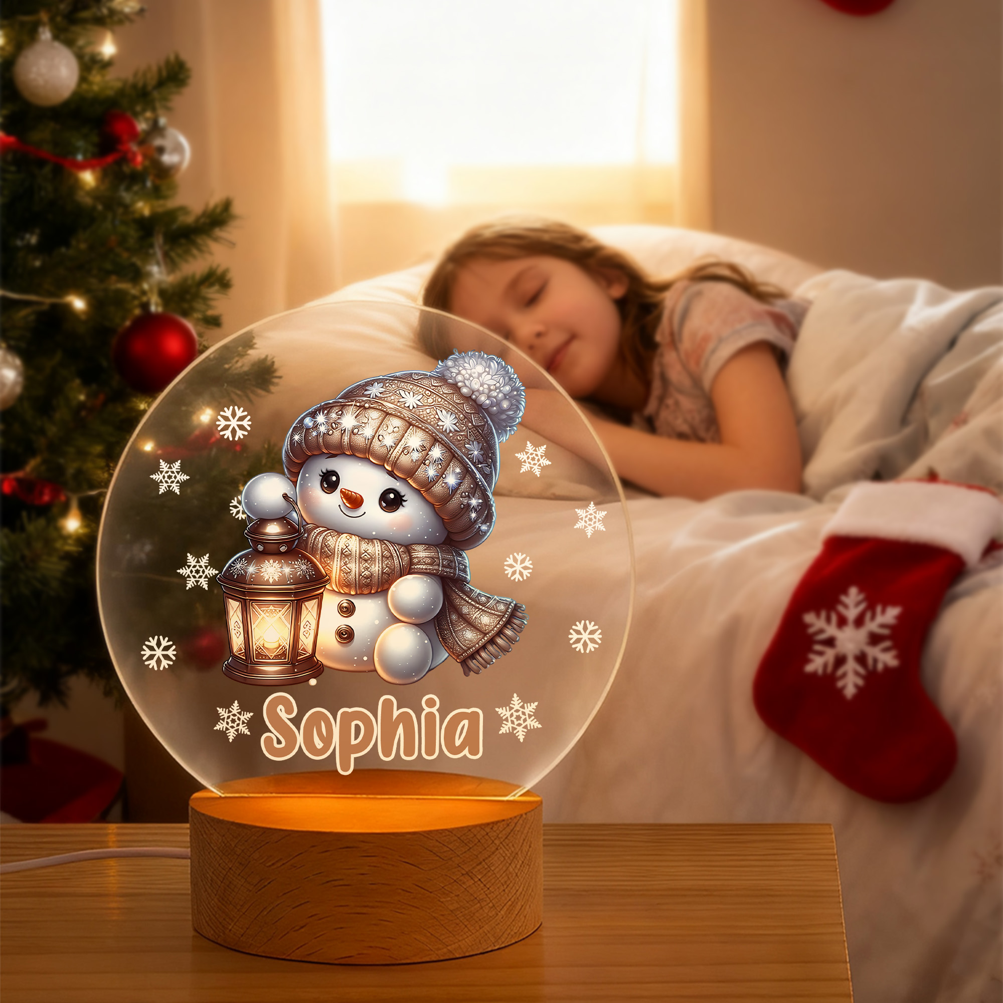 Veilleuse LED de Noël personnalisée flocon de neige mignon bonhomme de neige avec nom et socle en bois Cadeau de Noël pour les enfants
