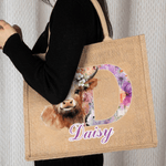 Personalisierte niedliche Hochland Kuh große tragbare Jute Tragetasche mit Namen und Blumen Initiale Geburtstag Geschenk für Mädchen Freunde