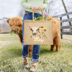 Personalisierte niedliche Hochland Kuh große tragbare Jute Tragetasche mit Namen und Blumen Initiale Geburtstag Geschenk für Mädchen Freunde