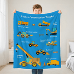 Personalized Cartoon Construction Trucks Soft Throw Blanket with Text Home Decor Birthday Christmas Gift for Boys Truck Lovers