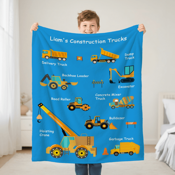 Personalized Cartoon Construction Trucks Soft Throw Blanket with Text Home Decor Birthday Christmas Gift for Boys Truck Lovers