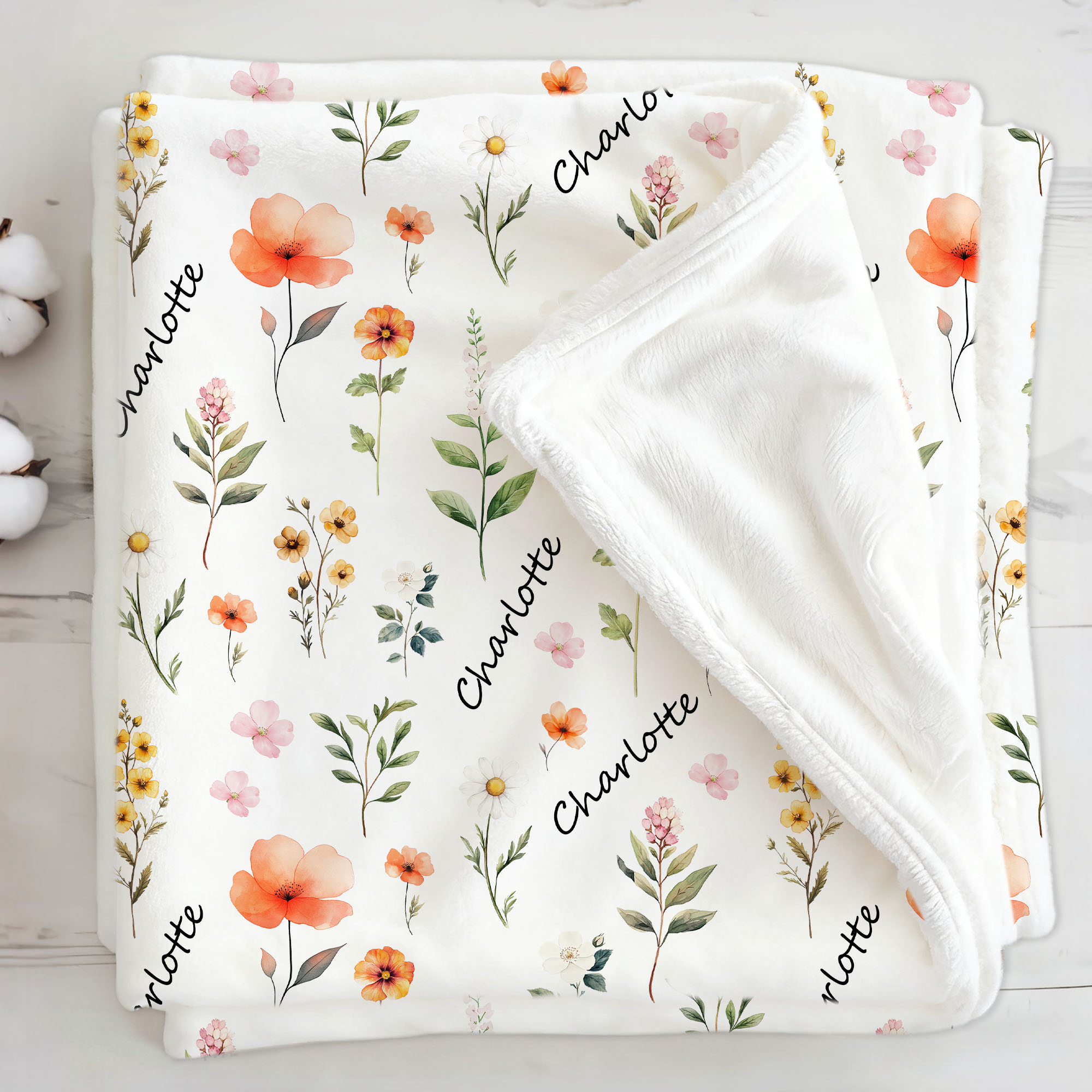 Couverture douce personnalisée avec nom et fleurs sauvages Décoration de la chambre d'enfant Douche de bébé Anniversaire Cadeau de Noël pour nouveau-né