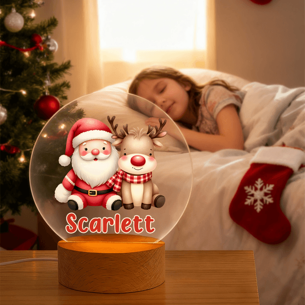 Personlig tecknad jultomte Akryl LED-nattlampa med namn och träfot Rumsmöbler Julklapp till barn Baby