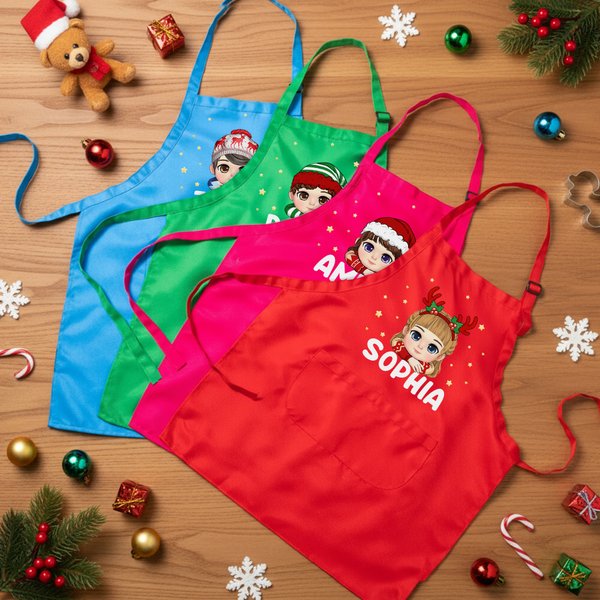 Personalized Christmas Cartoon Kids Character Adjustable Apron Chef Hat Set with Name Christmas Birthday Gift for Boys Girls