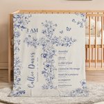Toile de Jouy personnalisée Croix verset biblique Couverture douce avec nom et date Cadeau d'anniversaire et de baptême pour enfants Chrétiens