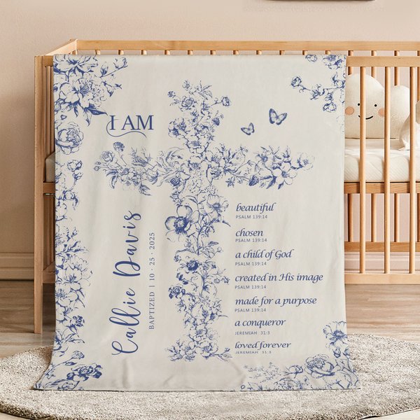 Personalized Toile De Jouy Cross Bible Verse Soft Throw Blanket with Name and Date Birthday Baptism Gift for Kids Christians