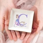 Personalized Cartoon Fantasy Mermaid Princess Initial Ceramic Trinket Jewelry Dish with Name Birthday Party Gift for Daughters Besties Girls