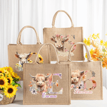 Personalisierte niedliche Hochland Kuh große tragbare Jute Tragetasche mit Namen und Blumen Initiale Geburtstag Geschenk für Mädchen Freunde