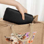 Personalisierte niedliche Hochland Kuh große tragbare Jute Tragetasche mit Namen und Blumen Initiale Geburtstag Geschenk für Mädchen Freunde