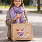 Personalisierte niedliche Hochland Kuh große tragbare Jute Tragetasche mit Namen und Blumen Initiale Geburtstag Geschenk für Mädchen Freunde