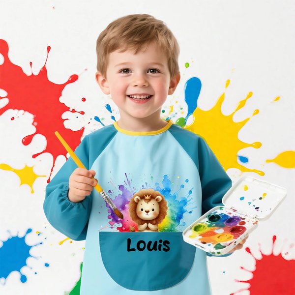 Tablier Imperméable Personnalisé avec Nom et Motif Animal Style Peinture Cadeau Rentrée Scolaire Peinture Activités Manuelles pour Enfant