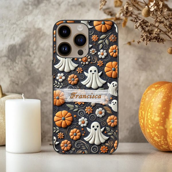 Funda para iPhone personalizada con efecto de relieve 3D de calabaza fantasma telaraña y araña regalo de Halloween para familia y amigos