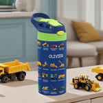 Personalised Construction Lorry Name 12 oz Insulated Water Bottle with Straw and Spill-Proof Lid Birthday Christmas Gift for Kids