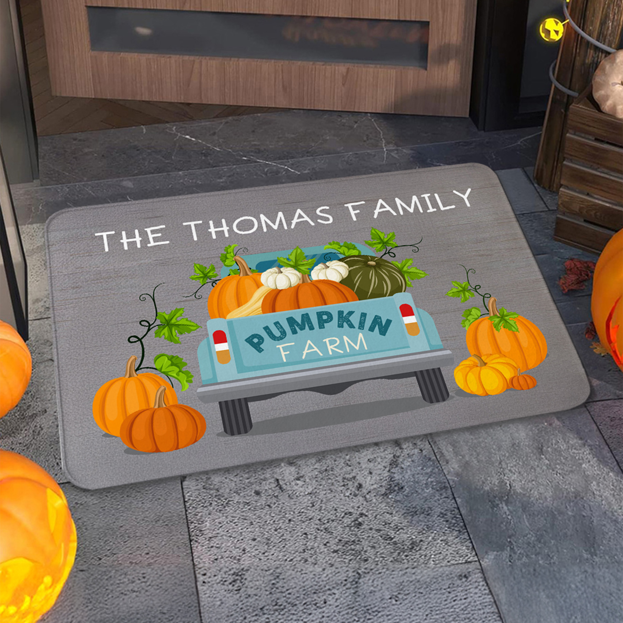 Tapis de porte antidérapant personnalisé Pumpkin Farm Truck avec texte Décoration de la maison Halloween Cadeau d'automne pour la famille et les amis