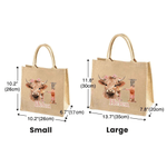 Personalisierte niedliche Hochland Kuh große tragbare Jute Tragetasche mit Namen und Blumen Initiale Geburtstag Geschenk für Mädchen Freunde