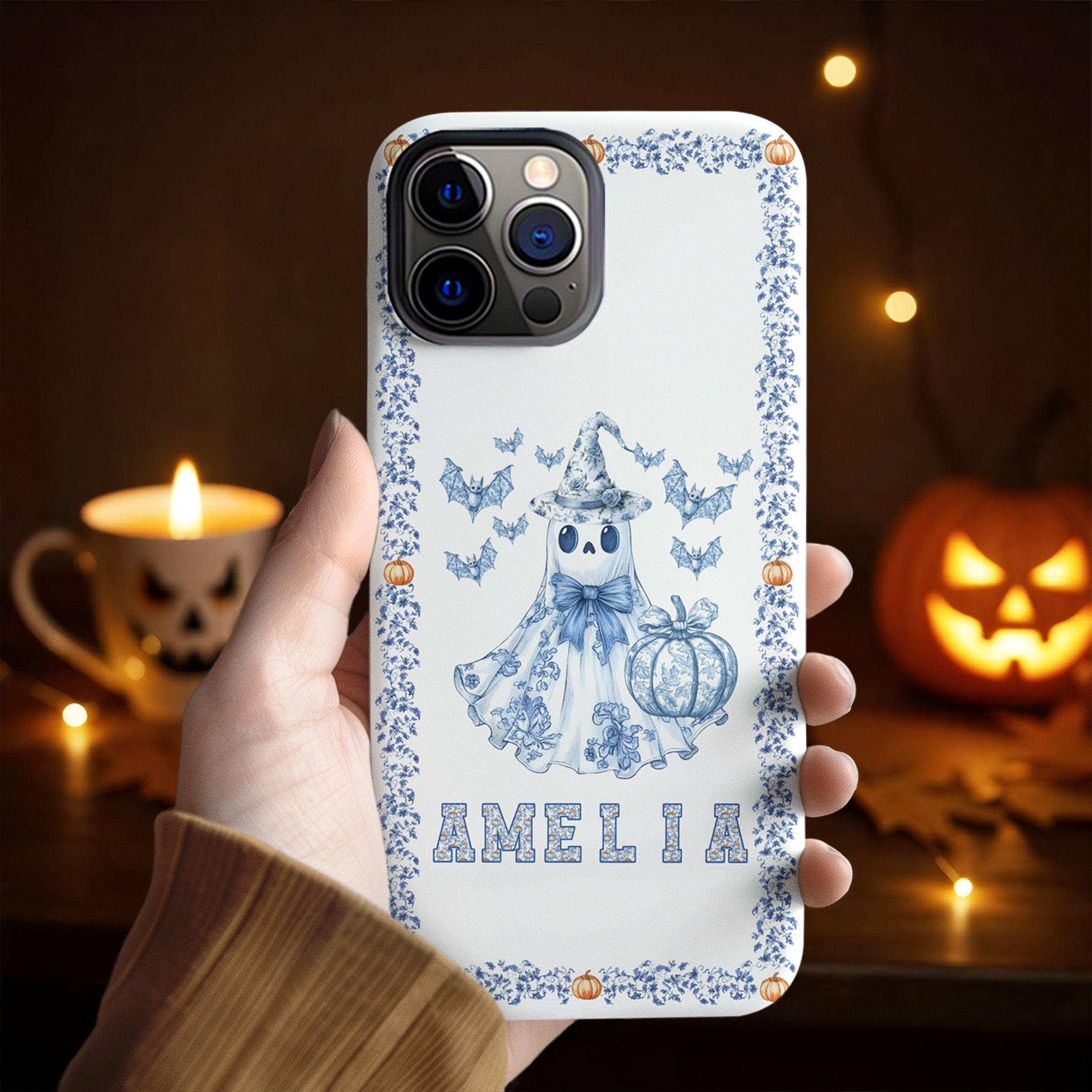 Toile De Jouy Personnalisée Nom Fantôme Citrouille Coque Double Couche pour iPhone Cadeau d'Halloween pour Fille Garçon